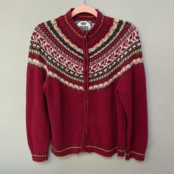 Vintage Tiara International Red Green Yellow Fair Isle Full Zip Sweater sz large - Picture 1 of 9